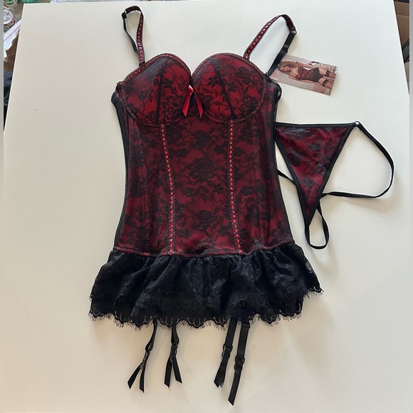 NEW Seven ‘Til Midnight Corset Set Thong Red Black Lace Gothic XL Overbust - Picture 1 of 9